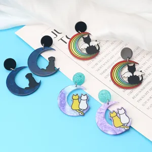 Moda Degradado Luna Gato Perro Acrílico Pendientes de Botón Único Aleación Novedad Joyería de Animales Regalo Para Mujeres