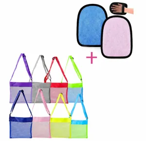Mesh beach bag and sand removal mitt set details, colorful portable storage pouch for kids.