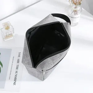 Grey waterproof portable travel cosmetic bag toiletry pouch with black handle and zipper