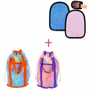 Kids beach mesh bag and sand removal mitt set, breathable toy storage bag for outdoor play.