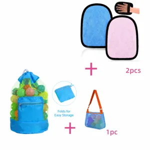 Beach mesh bag and sand removal towel set, portable travel storage bag for kids outdoor play.