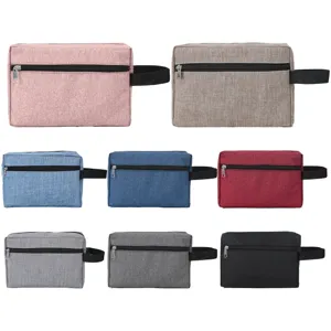 Detail view showing color variants of waterproof toiletry bag with double zipper and handle.