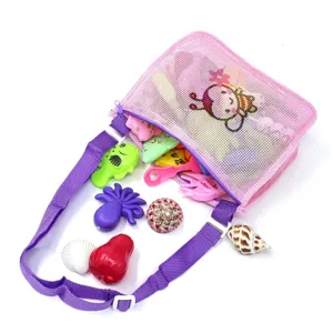 Kids Beach Toy Storage Bag Hollow Mesh Shell Tote Bag Cute Cartoon Animal Print Travel Outing Shoulder Bag