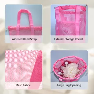 Roze mesh douchetas met brede handvatten en handig buitenvak voor reizen en strand.