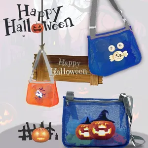 Kids Halloween mesh beach bag, cartoon pumpkin and ghost print toy storage shoulder bag.