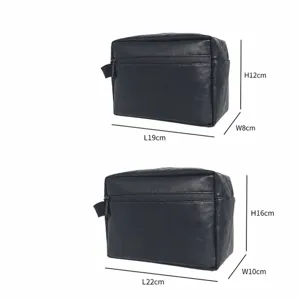 Detail view showing dimensions of small and large PU leather waterproof cosmetic storage bags.