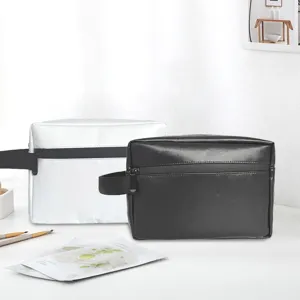 Portable PU double layer cosmetic bag detail, waterproof travel toiletry storage bag view.