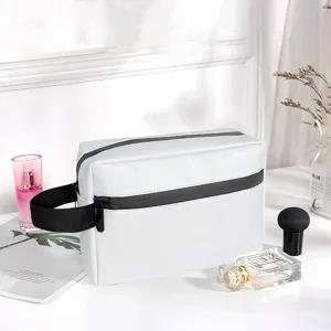 White PU Leather Travel Toiletry Bag Waterproof Cosmetic Organizer with Black Zipper Handle