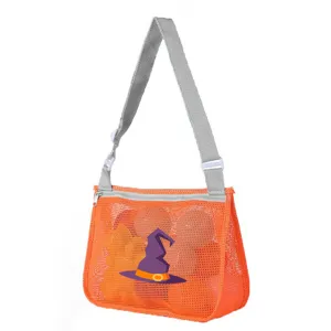 Kids Halloween mesh beach bag orange toy storage bag with cute witch hat pattern shoulder strap