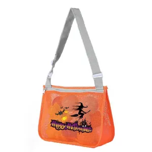 Kids Halloween orange mesh beach bag toy storage shoulder bag with cute witch and pumpkin print.