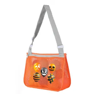 Detail shot of orange mesh beach bag with spooky Halloween balloon print and grey straps.