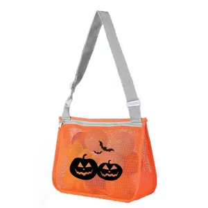 Halloween Kids Mesh Beach Bag Toy Storage Hollow Shoulder Bag Cute Pumpkin Print