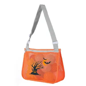 Halloween children mesh beach bag detail view, showing orange hollow toy storage shoulder pouch.