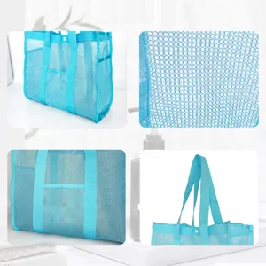 Blue mesh beach bag large capacity shower tote bag with widened straps and external pockets
