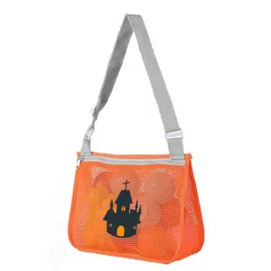 Kids Halloween mesh beach bag detail view, orange toy storage pouch with castle graphic.