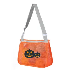 Halloween kids orange mesh beach bag toy storage shoulder bag with cute pumpkin print.