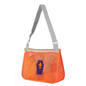 Halloween kids mesh beach bag, orange toy storage shoulder bag with coffin graphic detail.