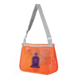 Kids Halloween orange mesh beach bag toy storage shoulder bag with tombstone print detail