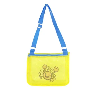 Kids colorful mesh beach bag with cute crab pattern, blue adjustable shoulder strap.
