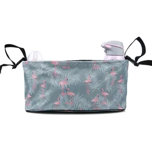 Stroller organizer bag pram storage bag with cute flamingo pattern for baby travel.
