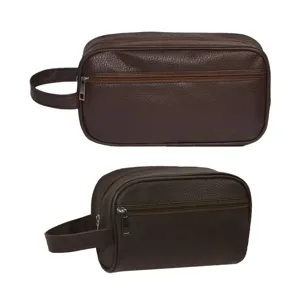 Men's brown PU leather toiletry bag, travel organizer pouch, waterproof cosmetic makeup bag.