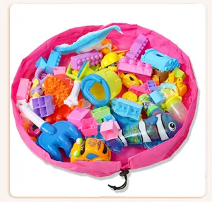 Portable children toy storage bag pink drawstring toy organizer mat for kids daily room tidy