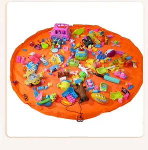 Portable toy storage bag with drawstring, round play mat for kids toys and sundries organization.