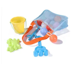 Children beach toy set featuring mesh storage bag, bucket, sand molds and colorful balls for fun.