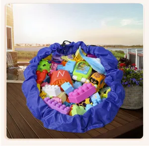 Portable toy storage bag and play mat with drawstring, large capacity organizer for kids toys.