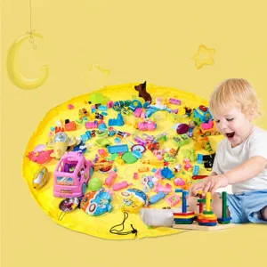 Portable toy storage bag and play mat with drawstring, large capacity organizer for kids.