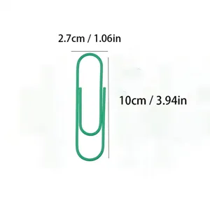 Detail shot of a large green metal paperclip displaying clear and precise product dimensions.