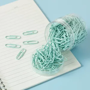 Colorful metal paper clips set in a clear storage jar, ideal for office stationery supplies.