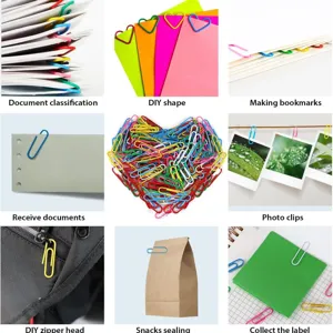 Large colored paper clips for document organization, DIY shapes, and book binding use.