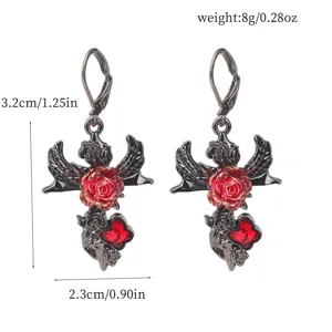 Gotische schwarze Rosen Flügel Ohrringe, dunkler Stil Punk Schmuck für Halloween Party.