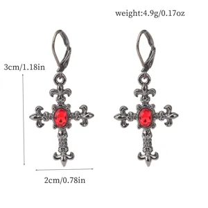 Gothik schwarze Kreuz Ohrringe mit rotem Stein, Punk Rock Party Schmuck Accessoires.
