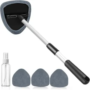 Detail view of the car windshield cleaning tool featuring a telescopic handle and microfiber pads.