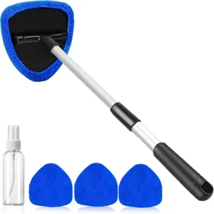 Detailed view of the windshield cleaning tool with extensible handle and replacement pads.