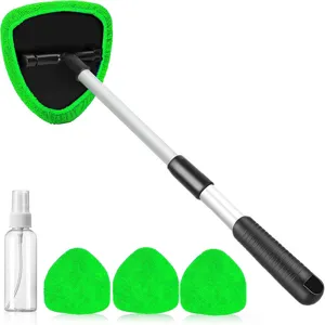 Car windshield cleaning tool with extendable handle, microfiber mop pads and spray bottle for auto.