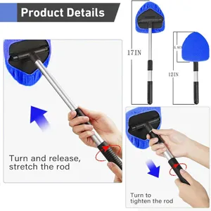 Car windshield cleaning tool detail showing retractable handle extension and brush head size.