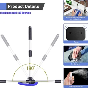 Windshield cleaner tool with 180 degree rotatable handle and microfiber cleaning pads.