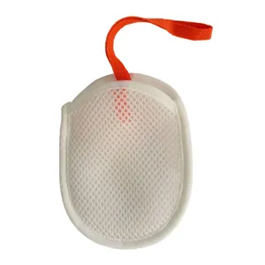 White mesh soap bag with orange hanging strap, ideal for foaming and bath cleaning.
