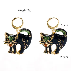 Black cat rhinestone earrings detailed view, showing size 2.3cm and weight 7g clearly.