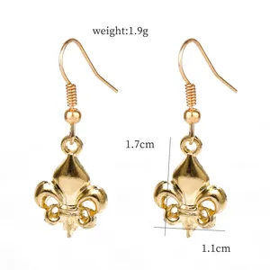 Detailed close-up view of the elegant golden fleur-de-lis drop earrings with dimensions.