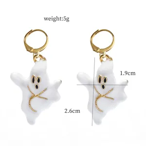 Cute Halloween white ghost drop earrings with gold tone leverback hooks and lightweight design.