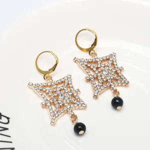Exquisite geometric rhinestone dangle earrings with black bead, elegant alloy gold jewelry detail.
