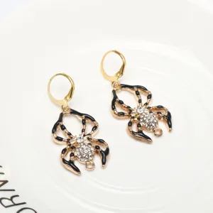 Halloween black enamel spider rhinestone drop earrings with gold tone ear hooks for party wear