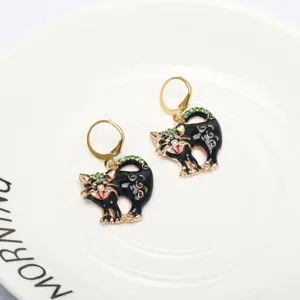 Black cat rhinestone earrings with gold tone leverback hooks, cute vintage animal jewelry.