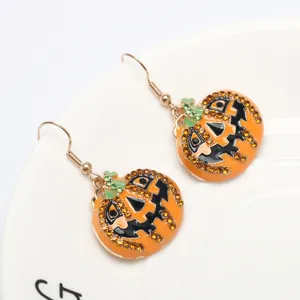 Halloween pumpkin rhinestone dangle earrings, spooky chic festival party jewelry gifts for women.
