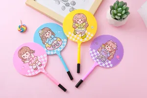 Four cute cartoon girl fan-shaped ballpoint pens in vibrant pastel colors