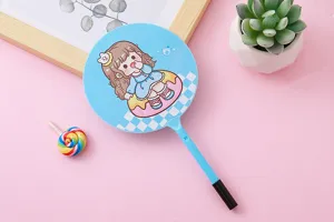 Close-up of cute cartoon girl illustration on blue round fan-shaped ballpoint pen